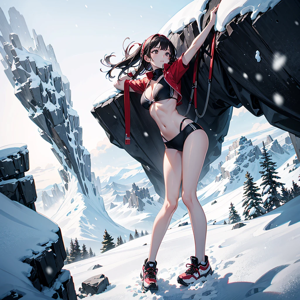 Beautiful girl with healthy body,free climbing,midriff,bikini,bare legs,breathing white air,strong snow storm,strong snowy day,flying snowflakes as background,climbing snow peak,crawling on a vertical cliff,high altitude,high height,precise face