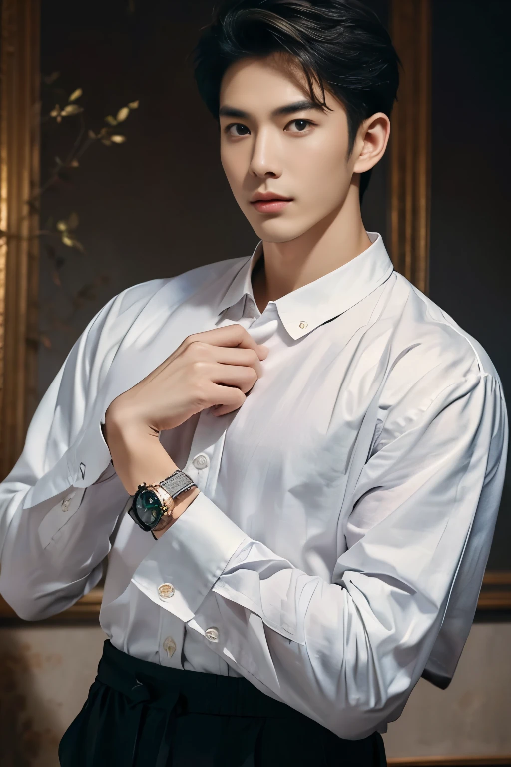 masterpiece, Best quality, realistic, a handsome Thai-Korean guy dressed in a casual yet stylish outfit, wearing a prominently visible wristwatch. The outfit should be modern and elegant, with meticulous attention to detail in both the clothing and accessories. The wristwatch adds a touch of sophistication to his overall look