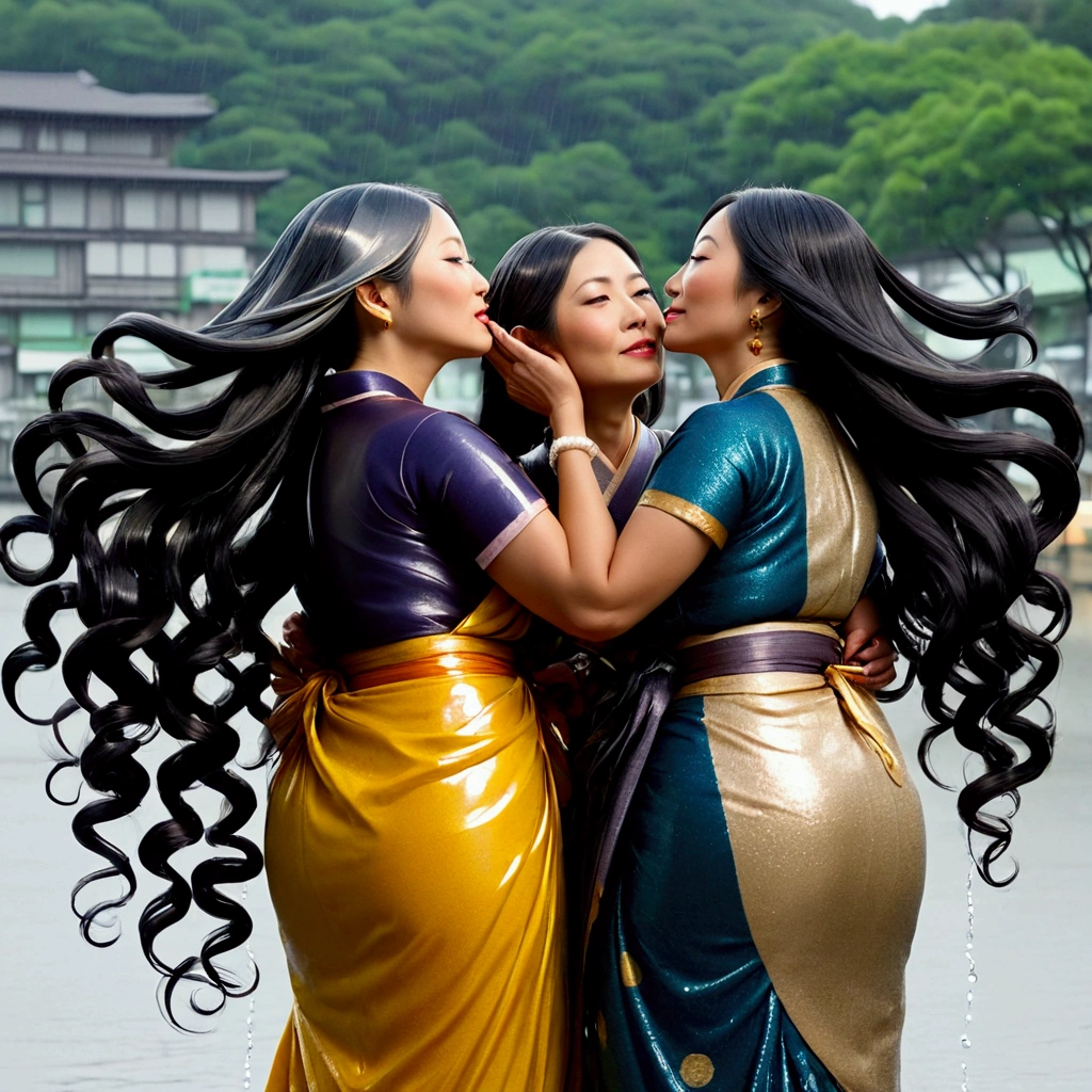 three japanese eldery mature ladies in kimono at luxerius office items sorrounded bright lighted modern office,their black straight bob hair back side made in to low single small ponytail while front parted hair maded into twin bun,100 liters of oil poured over their hairs making slick shinning like mirrors,tongues are highly visible,kissing 