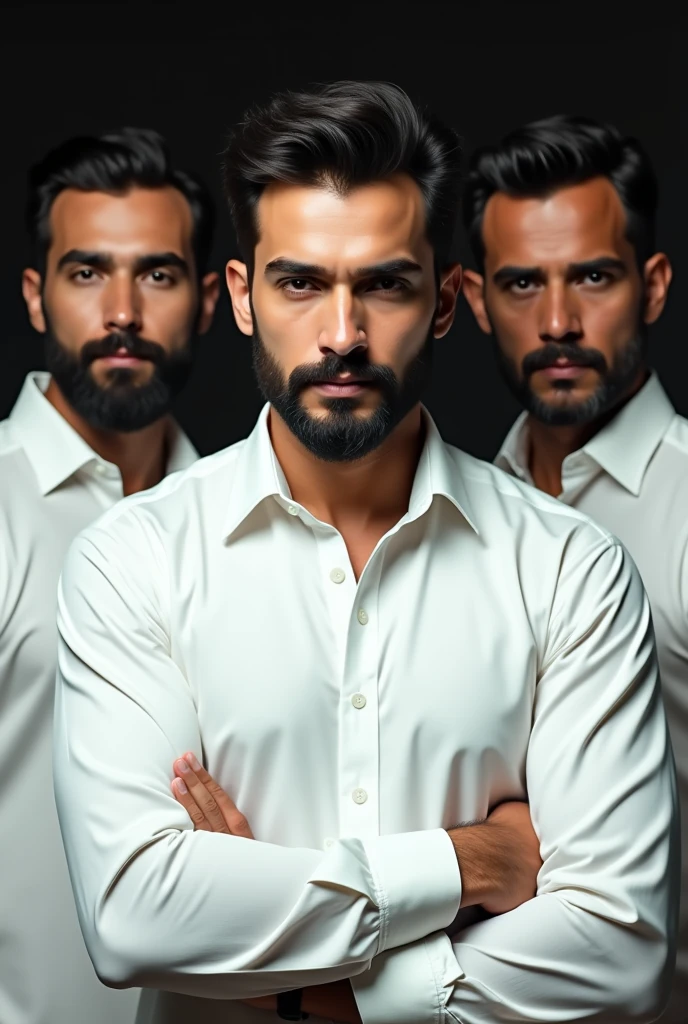 3 handsome indian man with white shirt, he have Beard, only one man