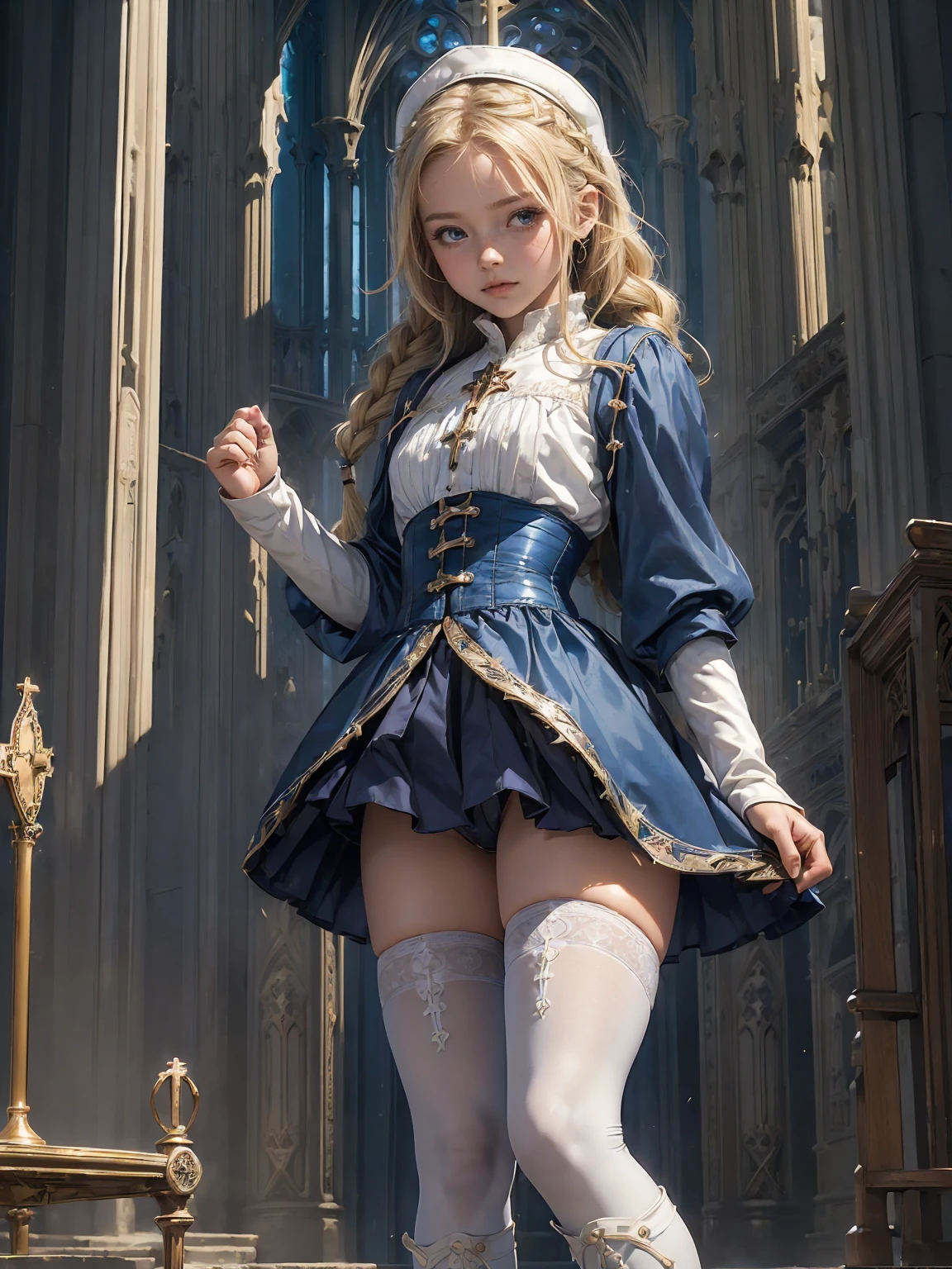 (((fantasy, cathedral:1.4))), (((midnight:1.4))), masterpiece, best quality, ultra-detailed, high resolution, extremely detailed cg, 8k, beautiful detailed eyes, depth of field, perfect anatomy, super detailed skin, cinematic lighting, dynamic lighting, anime picture, shiny hair and skin, detailed outfit, 【break】, ((cowboy shot, looking down , standing, stylish poes:1.3)), (((a 1girl is , , littlro:1.6))), ((afterglow)), (((blonde hair, Braided hair:1.3))), (beautiful detailed blue eyes), white-skinned, (((child short stature, child body shape, young face, cute face, small breasts, slim:1.4))), , wizard, ((Pure white silk, white blouse:1.3)), ((blue mini skirtt, blue corset, blue mantle:1.4)), ((White knee-high stockings:1.2)), ((white short boots))
