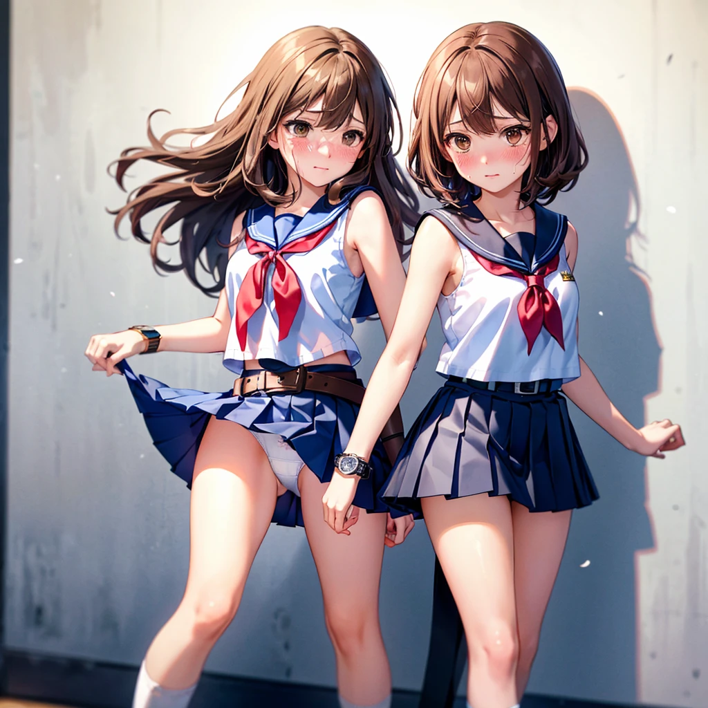 Browsing Caution, (8k、Best image quality、Highest quality、masterpiece)、Detailed face、Detailed Background, Improve,(A beautiful woman:1.5), (Light brown hair:1.3), Long Wavy Hair, Blunt Bang, (Brown eyes:1.2), big , (Sleeveless white shirt:1.5), (Sailor collar), (Red ribbon), (Navy blue pleated mini skirt:1.5), (Brown belt:1.5)(White loose socks:1.3), (Black Loafers),( watch:1.5), Platform Sandals, (blush:1.4),Standing in front of a white wall, Are crying, (White panties:1.2), from the front, Above the knee shot, High definition,16K