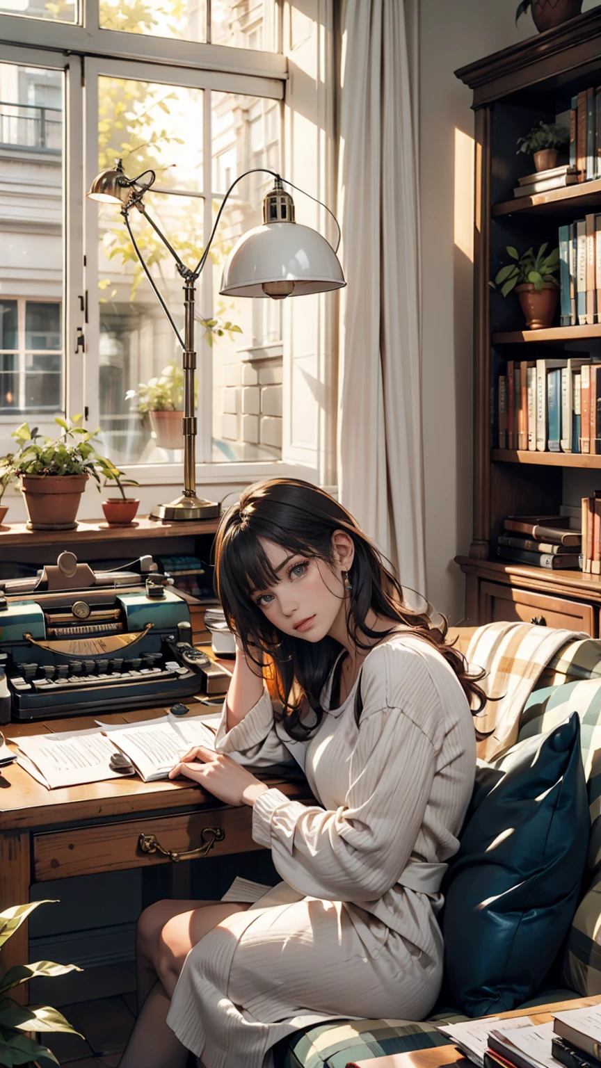 living room, sofa, window, curtain, Speckled sunlight, Potted plants, table, cupboard,Bookshelf, paper, Desk lamp, Typewriter, Sitting on the couch