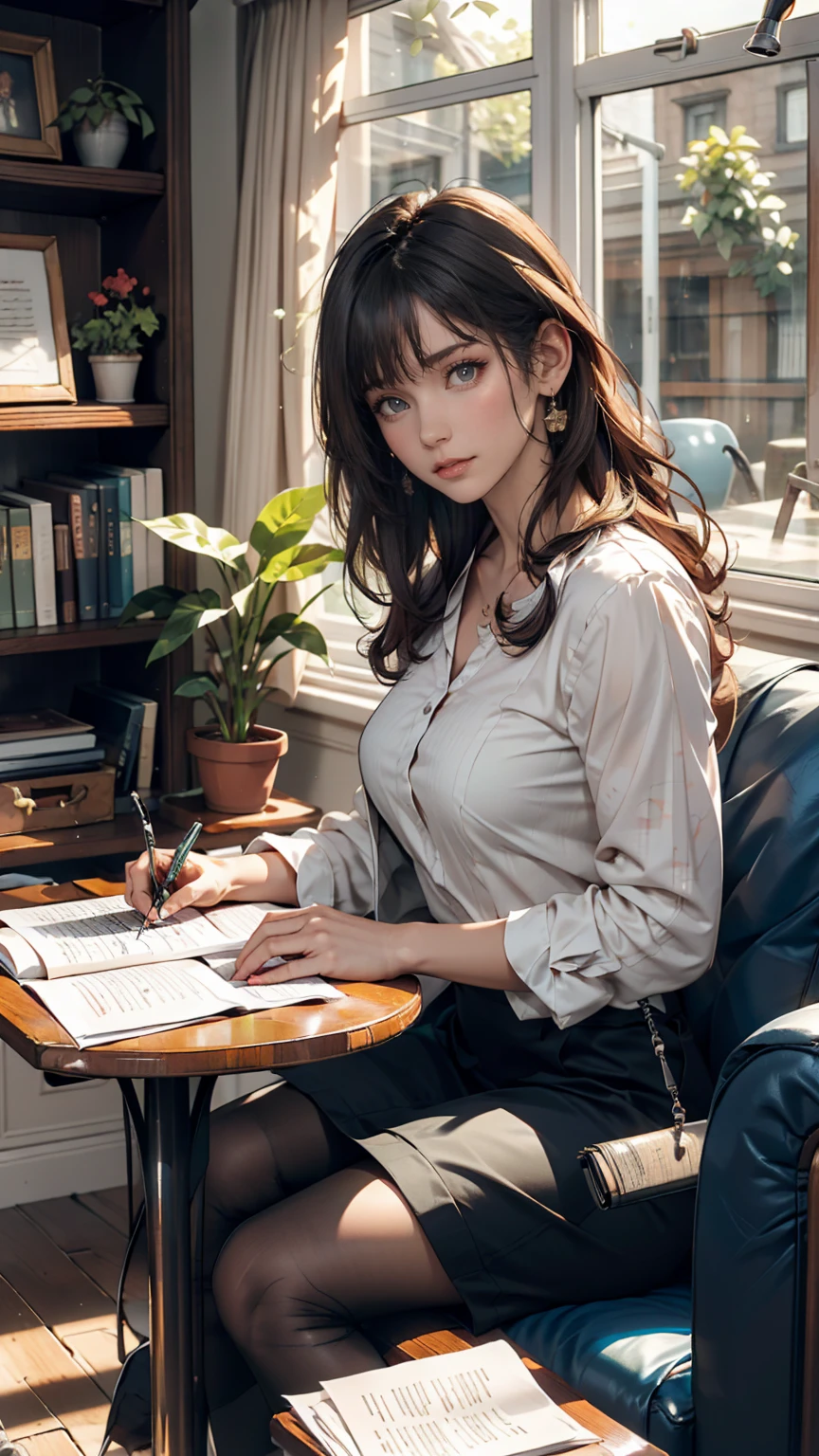 living room, sofa, window, curtain, Speckled sunlight, Potted plants, table, cupboard,Bookshelf, paper, Desk lamp, Typewriter, Sitting on the couch