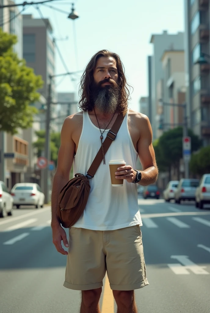 Photorealism 1.2 posterized masterpiece high detailed definition man long hair long beard wearing white singlet standing at middle road at Tokyo city fully body short trousers wearing slipper brown sling bag holding cup of coffee
