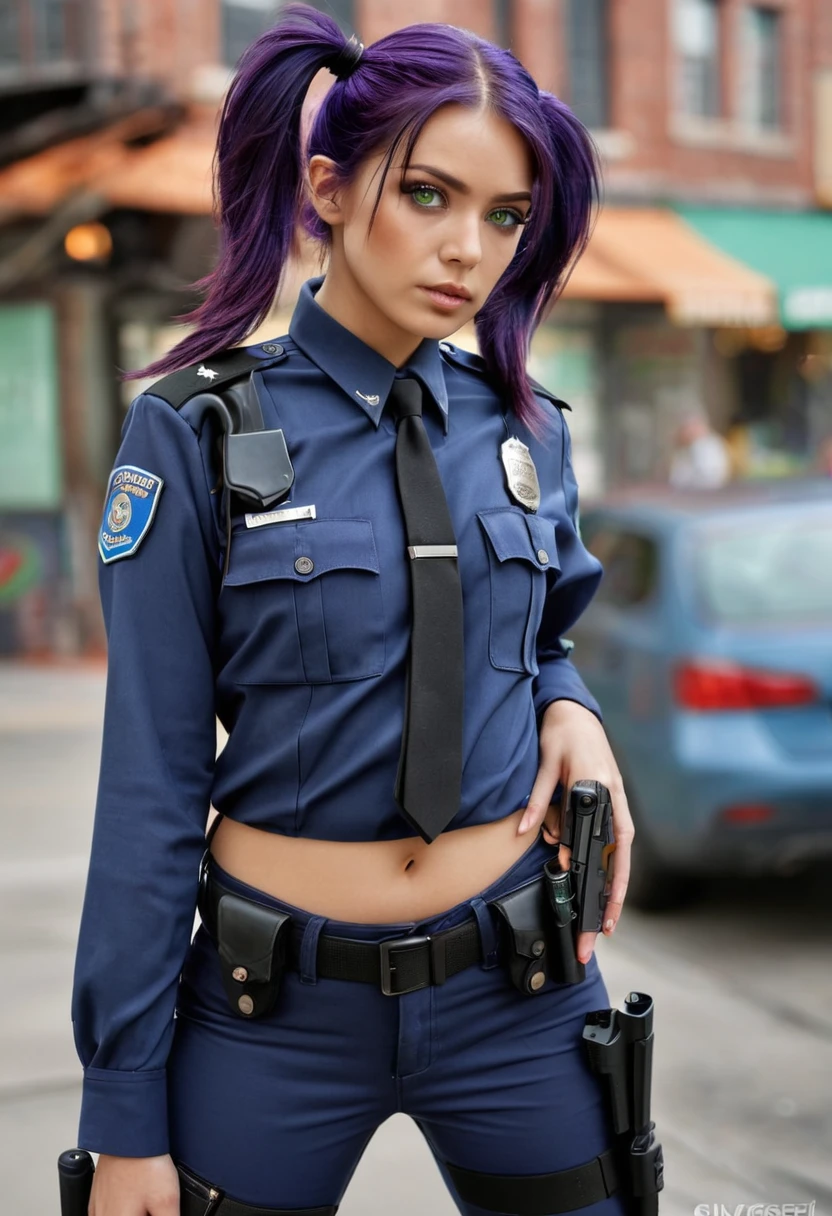 a beautiful woman police officer, standing alone in a city background, wearing matching pants and holding a detailed glock 22 pistol, aiming and ready to take action, with medium length purple hair in twin tails, and striking green eyes, (best quality,4k,8k,highres,masterpiece:1.2),ultra-detailed,(realistic,photorealistic,photo-realistic:1.37),HDR,UHD,studio lighting,ultra-fine painting,sharp focus,physically-based rendering,extreme detail description,professional,vivid colors,bokeh,concept art