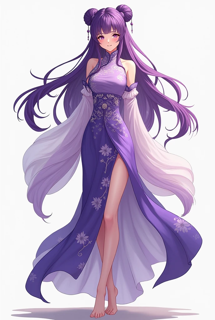 purple色の髪, Adult female, purple, China dress, twin bun, whole body, Toes, front, anime