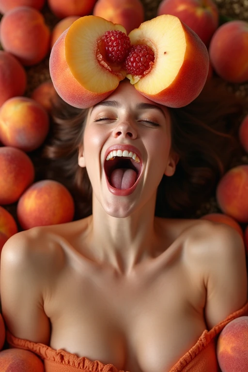 1 beautiful American woman in her 30s。Facing forward、Mouth wide open。The expression is、Sexually lewd expression、Ecstatic expression、I feel a strong sense of ecstasy。The head is peeled、Wearing a large real peach。The chest is wide open。There are peaches all around。Covered in peaches。