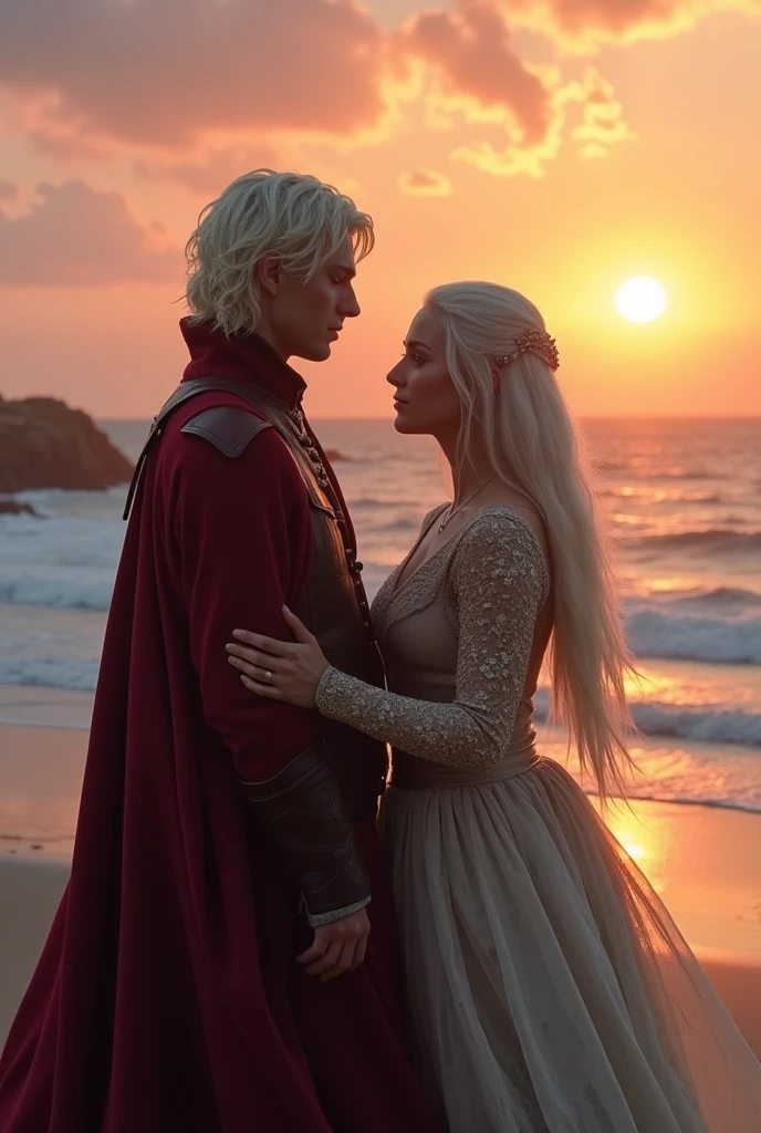 Viserra Targaryen, played by la actriz argentina, > (with platinum blonde hair and purple eyes) , y Daemon Targaryen, played by, the british actor > (long platinum blonde hair and violet eyes) , Both are on a peninsula near the beach, with the sunset in the background, y Daemon, He asks her to marry him, a Viserr