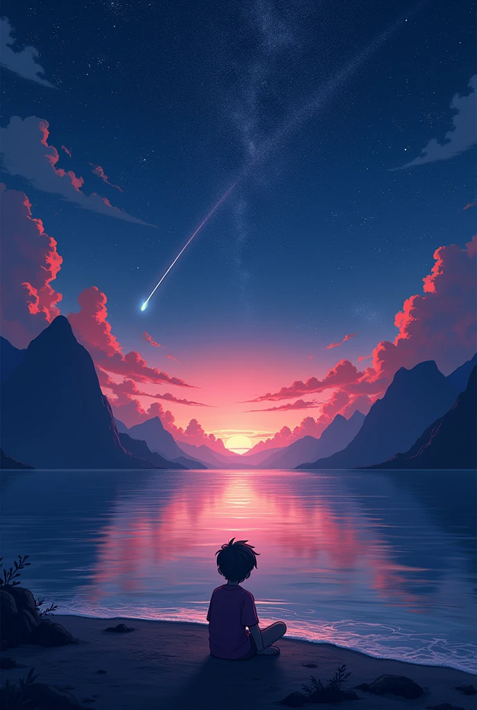 Beautiful scenery, seaside, 1boy sitting on seaside looking at sky, Dark sky, Star, moon, shooting Star, Red clouds, background mountains, Still water reflections, picturesque, Idyllic, artwork, Best quality, 8K, Extremely detailed,Anime Modeling, Luxury Effect