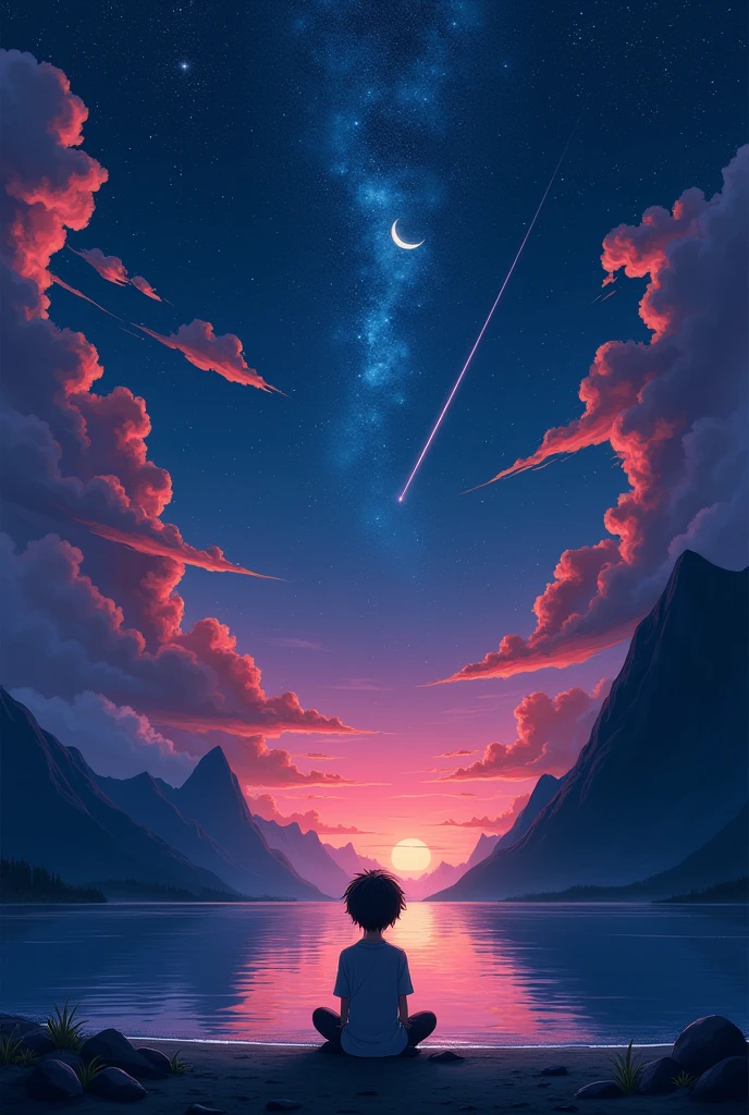 Beautiful scenery, seaside, 1boy sitting on seaside looking at sky, Dark sky, Star, moon, shooting Star, Red clouds, background mountains, Still water reflections, picturesque, Idyllic, artwork, Best quality, 8K, Extremely detailed,Anime Modeling, Luxury Effect