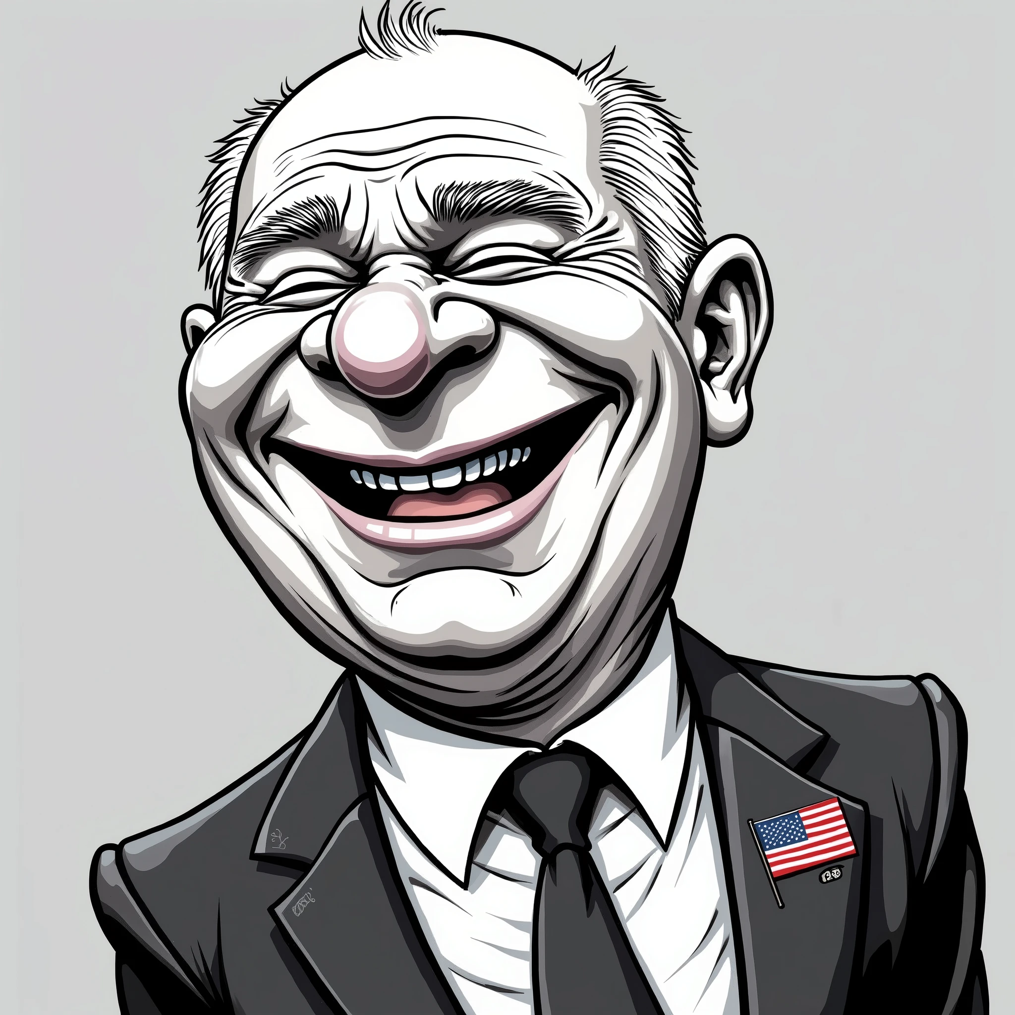 2D lineart graffiti caricature, man laughing with joy, intricate line detail, flat lighting, exaggerated features, perfectly round face, bald, 60 years old, white hair, bulldog, eyebrows, suit, tie, flag lapel pin, humorous expression, high contrast