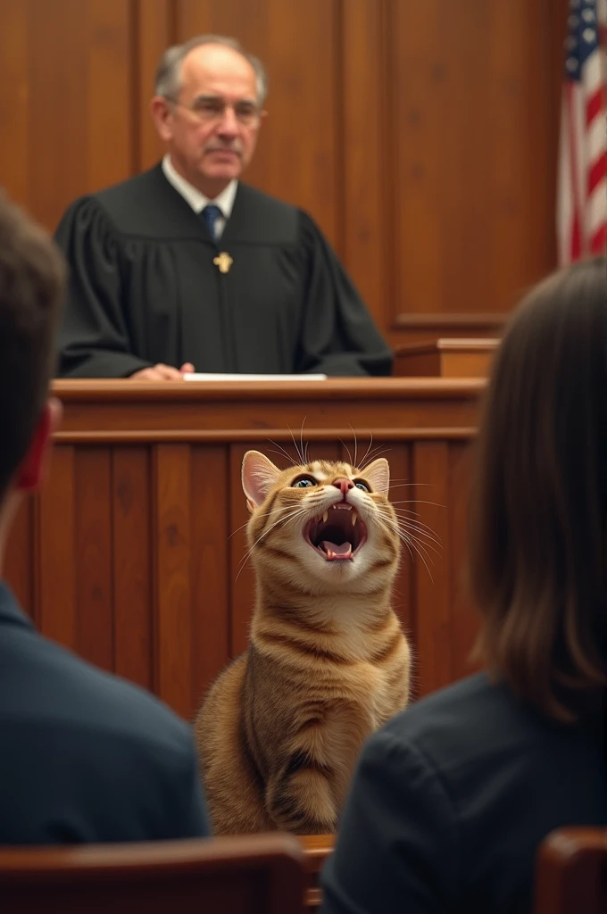 Cat Found Innocent:
The judge delivering a verdict with the brown cat looking relieved.
The courtroom audience reacting positively, with some people smiling.