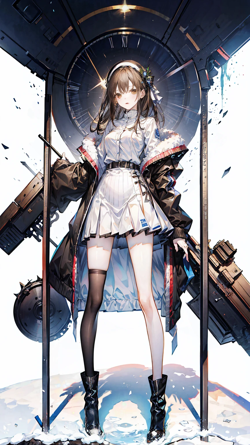 a girl,,standing in snow,long brown hair,very slim,skinny,wearing uniform,thin waist,short skirt,baring legs,wearing short black boots