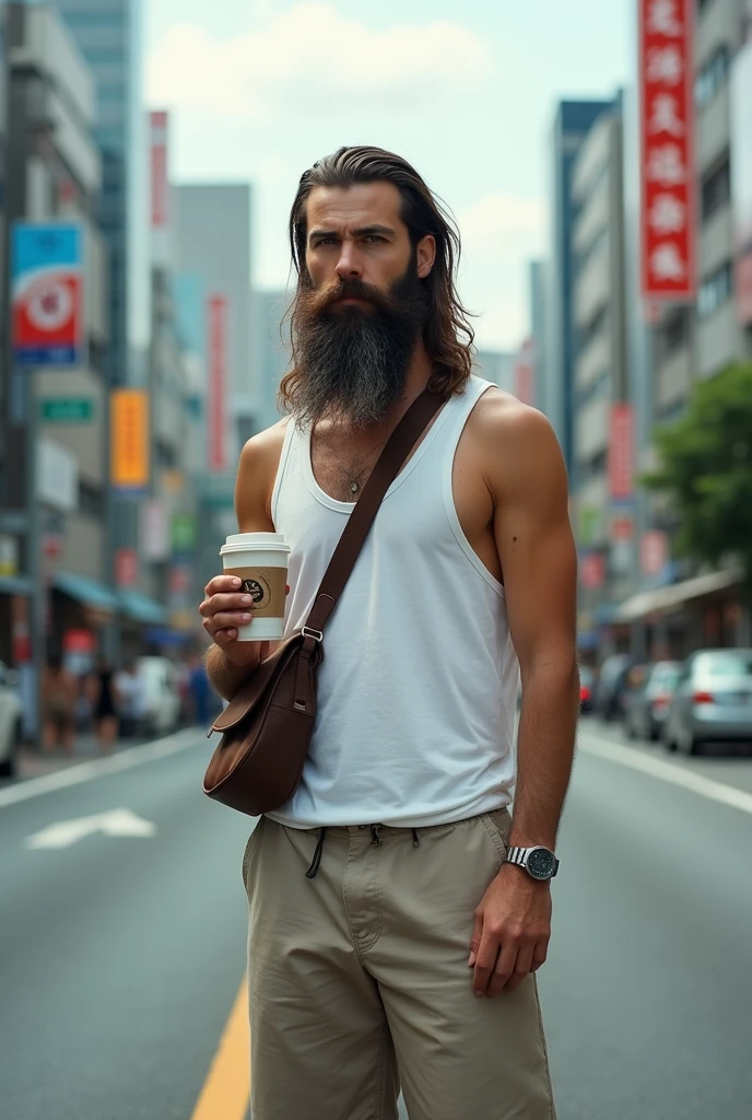 Photorealism 1.2 posterized masterpiece high detailed definition man long hair long beard wearing white singlet standing at middle road at Tokyo city fully body short trousers wearing slipper brown sling bag holding cup of coffee