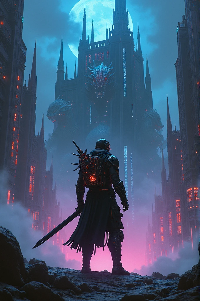Create a warrior with a sword, facing a castle with a dragon curled up in the castle on a dark night neon lights cyber punk