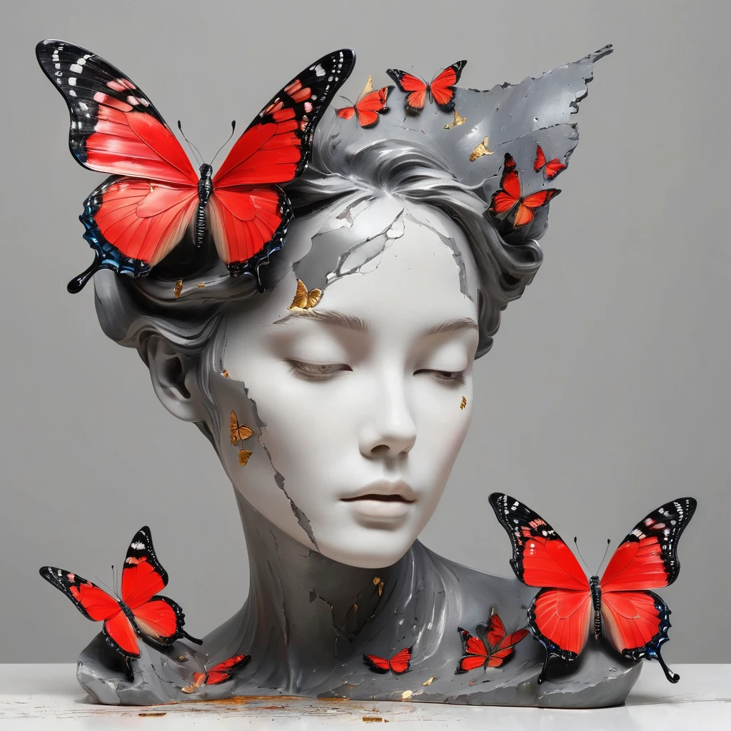 ((exhibition,Still Life Table,Artistic statues,3D sculpture,ceramics,Surface cracks,Broken texture)), mercy,thin neck,Show the beauty of nature.Black & Red Theme,by Kane,gold powder, This work is presented on a gray background..,Highlight its artistic qualities.Ray tracing