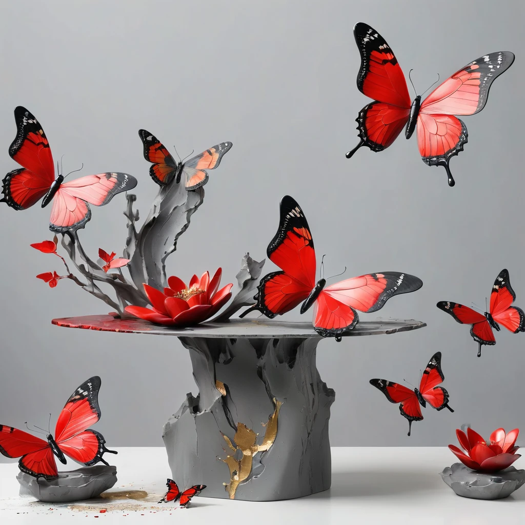 ((exhibition, woman, Still life table, Art statues, 3D sculpture, Colored ceramics, Surface cracks, Broken texture)), mercy, thin neck, Show the beauty of nature. Black and red theme, Kane, gold powder, This work is presented on a gray background.., art, Highlight its artistic qualities. butterflies, Ray tracing, style, beautiful,