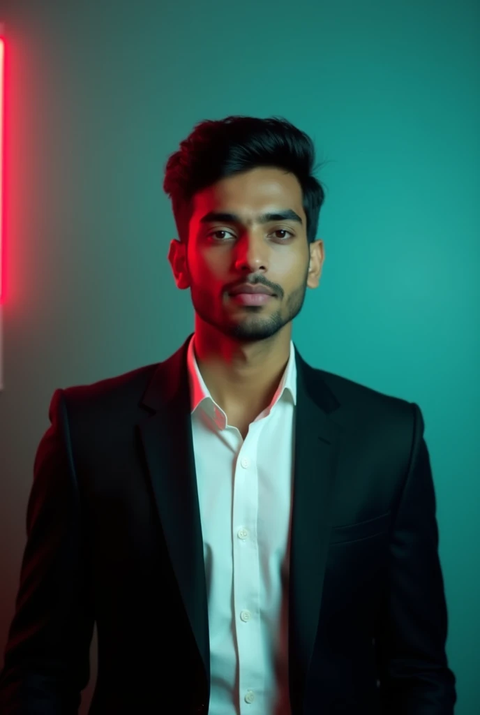 A young man with dark hair and a confident.and bangali face. He is dressed in a black blazer over a white shirt. The man is positioned against aqua colour backdrop with a subtle red lighting on the left side. and he posing for Linkedin profile, black background and quality full picture