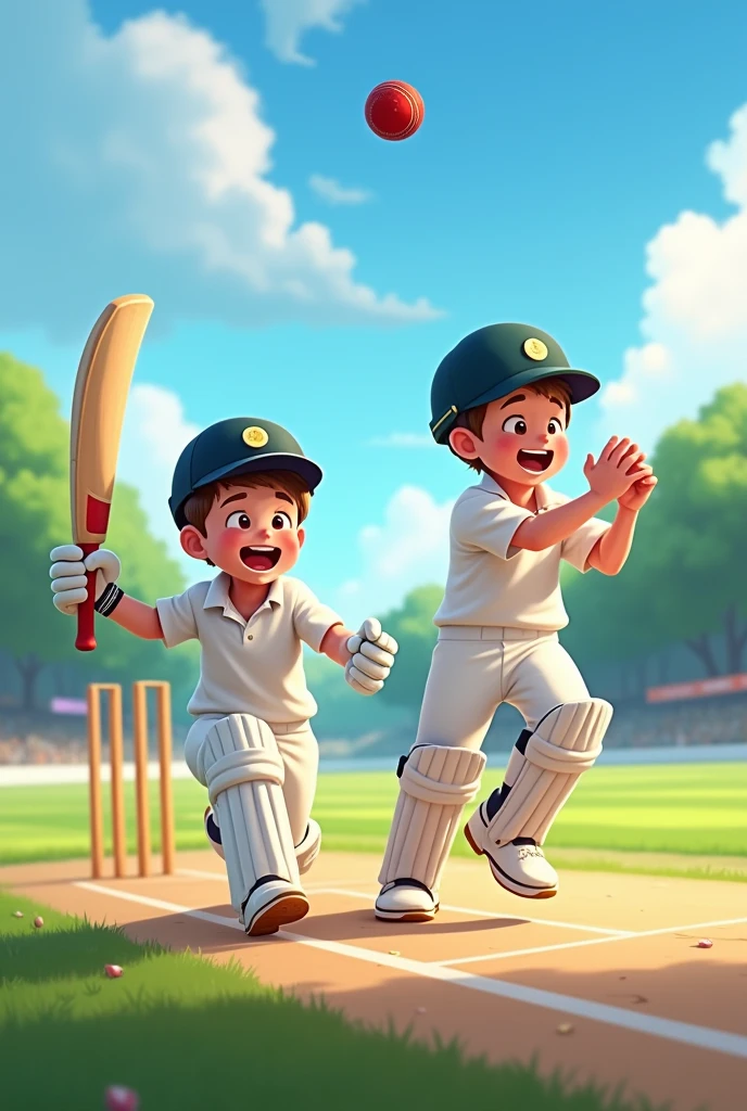 Create a banner innovative design for a a single boy playing cricket with his friend and he hit a six over the boundary