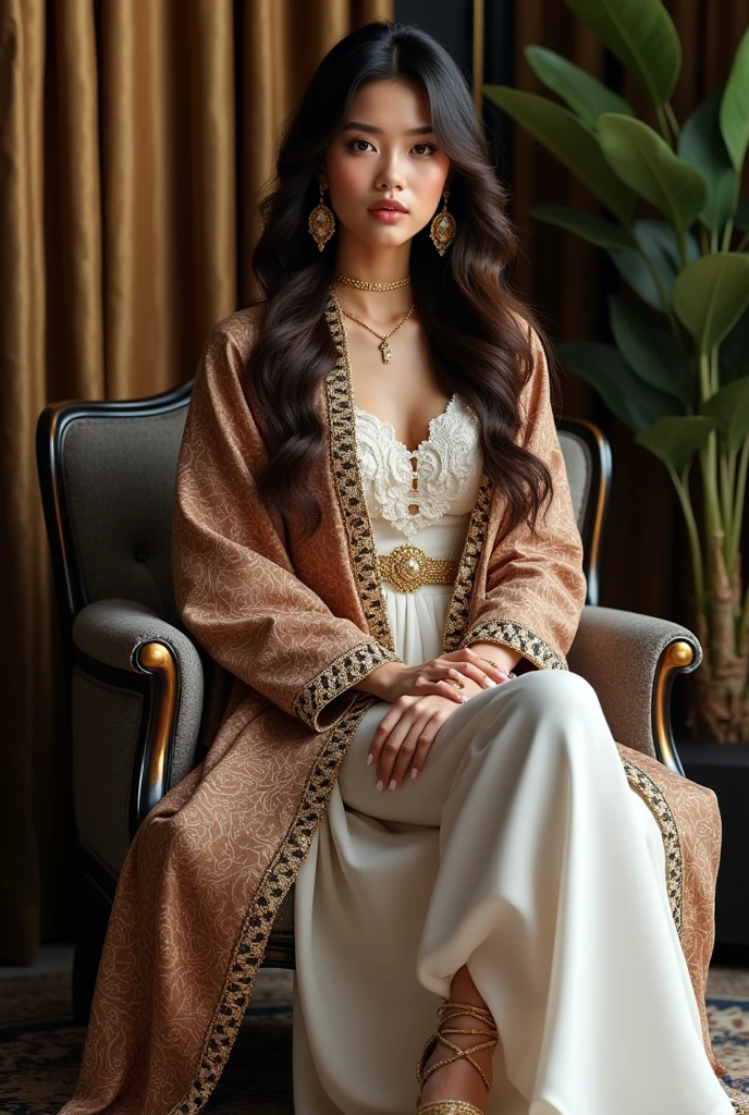 Indonesian woman with long wavy ombre hair. She wore a long white kebaya and was wrapped in a beautiful batik shawl with intricate beading and gold accents. Strappy gold gladiator sandals completed her outfit. She accessorized with big gold earrings and a statement necklace, exuding confidence, dynamic pose. He sat elegantly, in an armchair, surrounded by a room decorated with gold and black