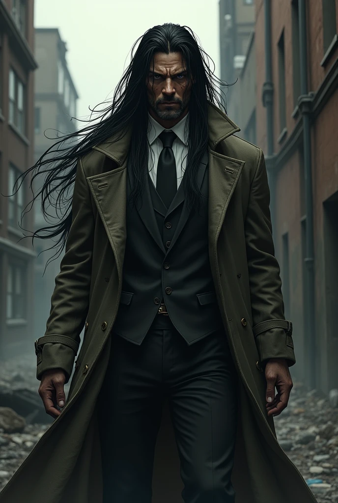 Dark-skinned vagabond, Suit, Trench coat, long anime style hair