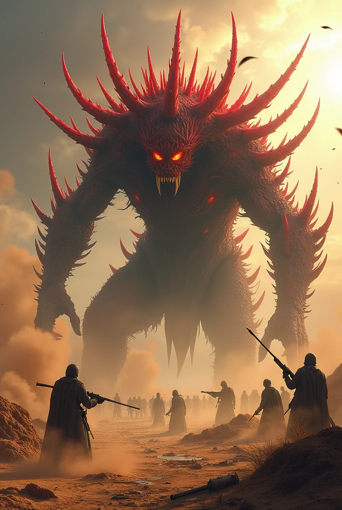 an evil with long thorn red go war with arab people