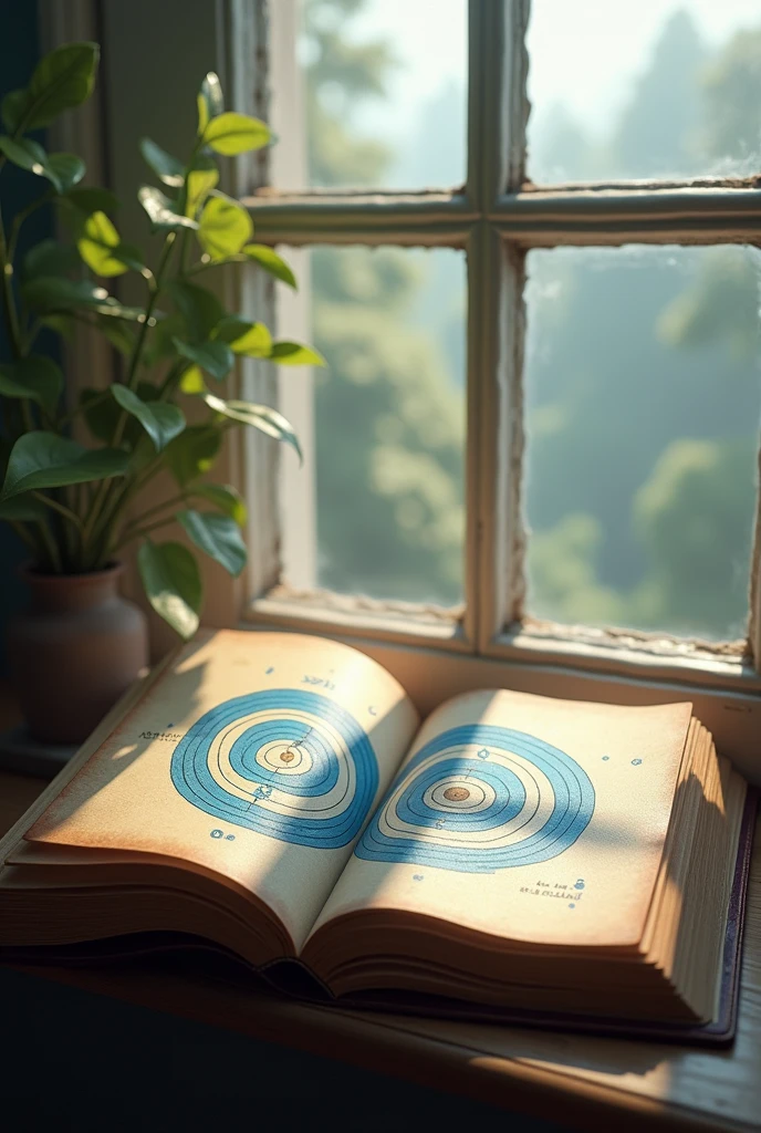An open, leather-bound book rests on a windowsill. The pages reveal a beautifully illustrated archery target in shades of blue. Sunlight streams through the window, casting gentle shadows on the page. A soft breeze carries the distant sound of birdsong."