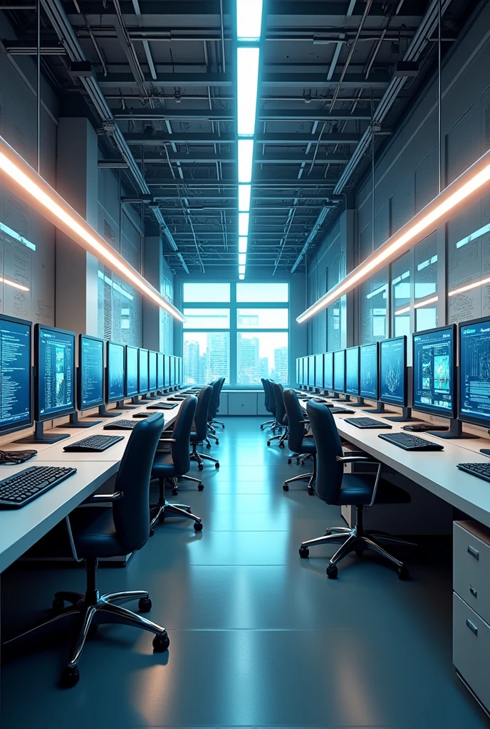 A bright computer lab scene with no people.