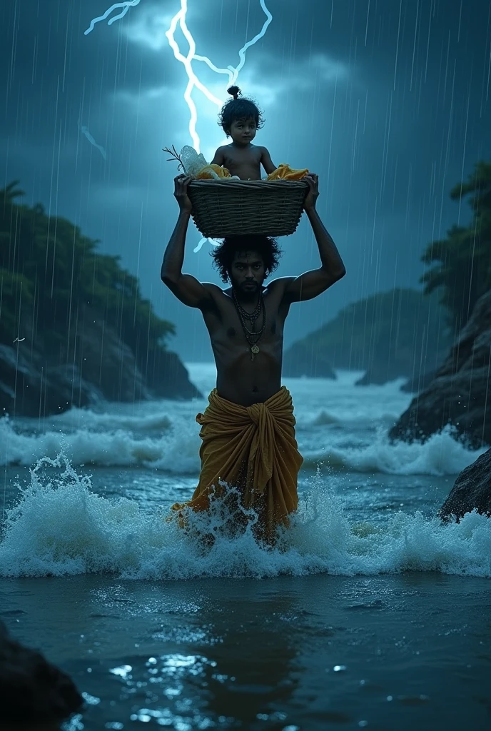 Yamuna Nadi ka Paar

A stormy night with dark clouds, lightning, and heavy rain. Vasudev is shown carrying baby Krishna in a basket over his head, walking through the wild waters of the Yamuna River. The river magically parts to create a safe path for them. The scene is both dramatic and mystical, with Vasudev's determined expression contrasting with the calm and serene face of baby Krishna.