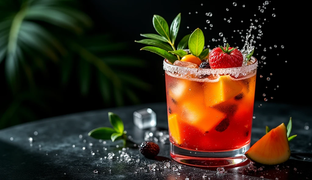 full shot photography upper angle shot with a strong accent to cocktail with many colors and fruits on the black background tropical aesthetics food book photography 35 mm movie frame epic scene cinematic 3d, strong 8k uhd quality