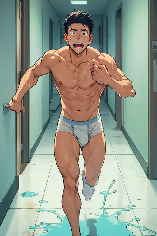 In the morning corridor, there's a slender and mascular young man in his white briefs. He is running. He is pissing himself. There's a pee wet spot at the bulge of his briefs. His pee is dropping off from his briefs There's pee puddles on the floor. He looks panicking and scared. Anime.