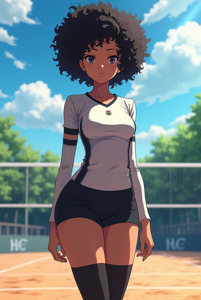 A Pier brunette girl with afro hair, a two-piece set, black top, white pants, black tennis shoes, complete with jewelry.