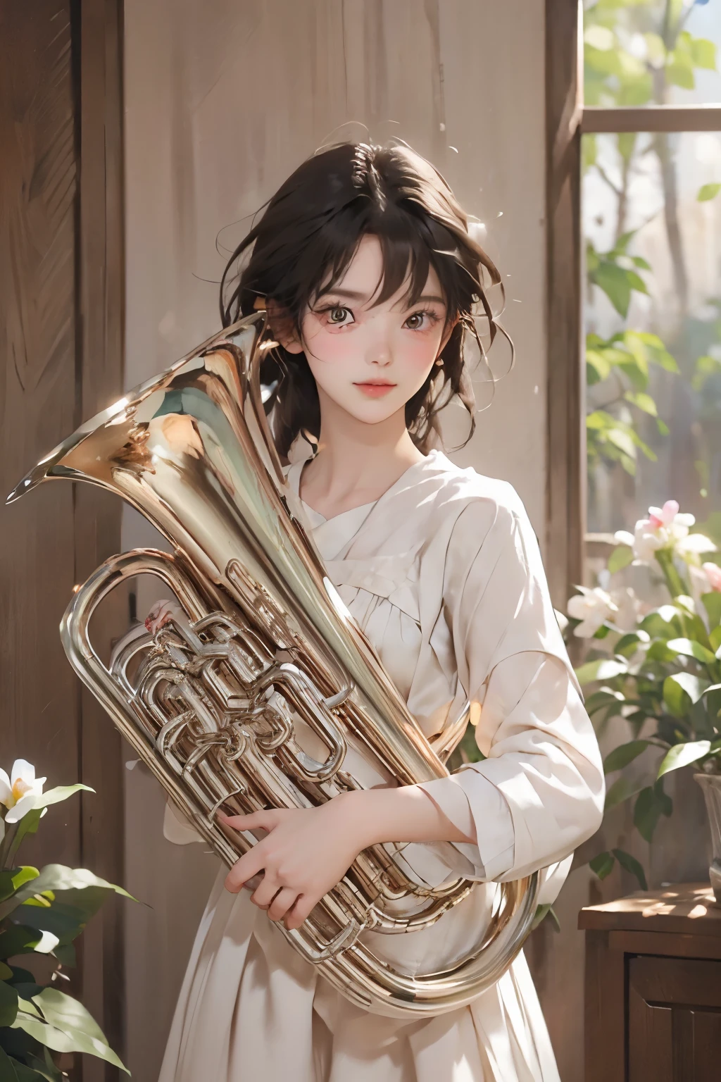 so beautiful, 1 person, (play the euphonium:1.2), alone, (Draw the Euphonium Shape Accurately:1.4)、Standing、(From before)、(A smile that makes everyone around you happy)、Beautiful and fair、Beautiful Skin、Glowing Skin, bright, Refreshing and gentle look, Perfect beautiful face、Beautiful shiny bangs, Small breasts，((Sargent-style watercolor))、(Highest quality、masterpiece)、Soft Light、Indoor Botanical Garden、dome、(Lots of flowers)、Garden with fluttering petals、