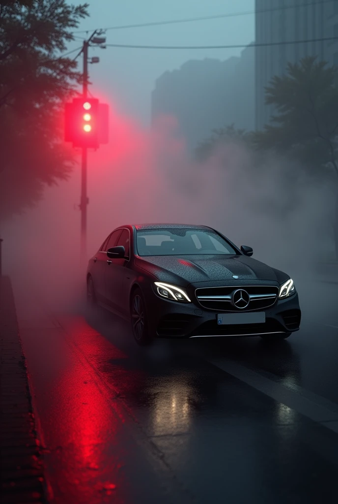 Black mercedes in fog in read light