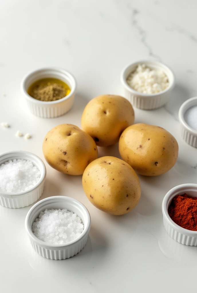 Scene Transition: Close-up of ingredients neatly arranged on the kitchen counter]**[Text Overlay: “Ingredients:4 large potatoesSaltVegetable oilOptional: paprika or garlic powder”]*