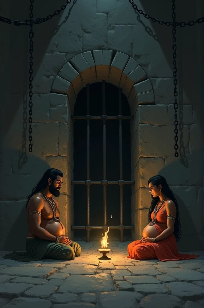 "A dimly lit, ancient prison cell with stone walls and iron bars. Devaki and Vasudeva are seated on the cold, rough floor, both dressed in simple royal attire. Devaki is heavily pregnant, and Vasudeva looks worried yet determined. The cell is sparse, with chains hanging from the walls. There is a sense of tension and sorrow in the air, with shadows cast by a single flickering torch on the wall."