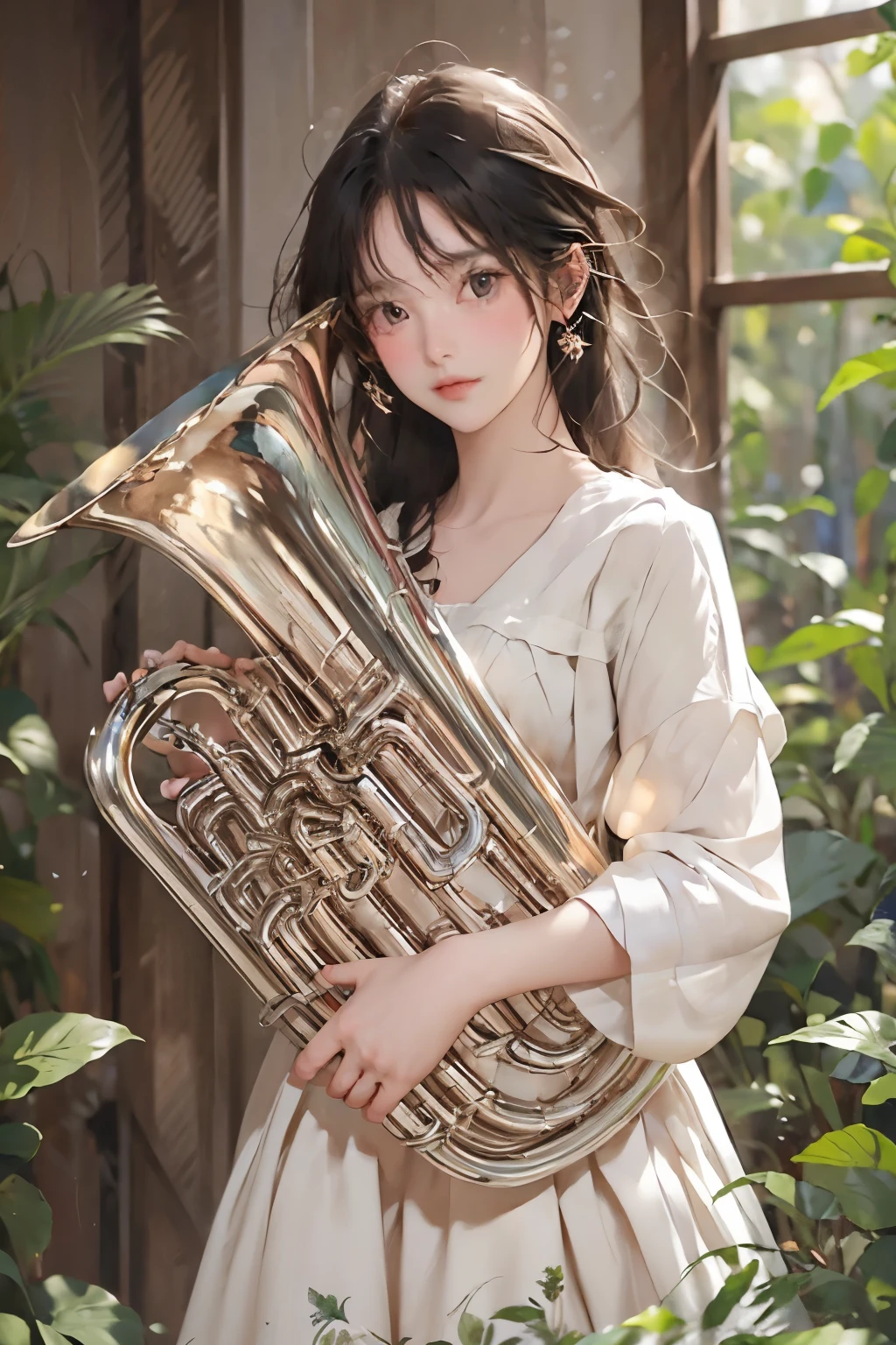 so beautiful, 1 person, (play the euphonium:1.2), alone, (Draw the Euphonium Shape Accurately:1.4)、Standing、(From before)、(A smile that makes everyone around you happy)、Beautiful and fair、Beautiful Skin、Glowing Skin, bright, Refreshing and gentle look, Perfect beautiful face、Beautiful shiny bangs, Small breasts，((Sargent-style watercolor))、(Highest quality、masterpiece)、Soft Light、Indoor Botanical Garden、dome、(Lots of flowers)、Garden with fluttering petals、