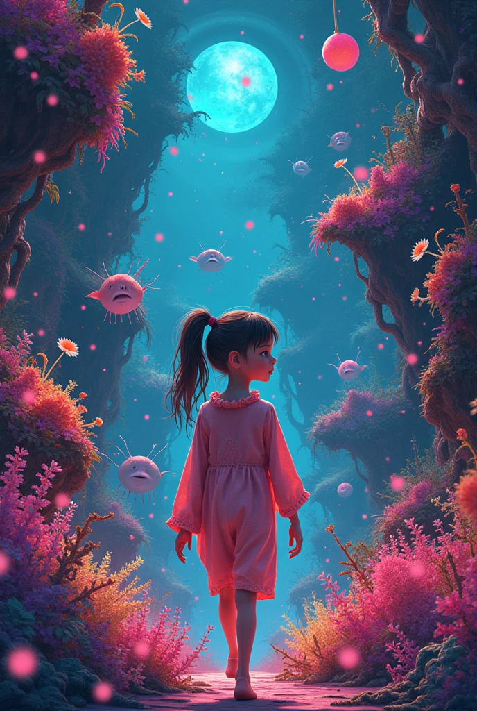 prompt:
「A girl lost in a fantasy world、Encounter strange creatures。Around her、A place filled with fantastical plants and unique buildings、It&#39;s like being surrounded by a psychedelic atmosphere that&#39;s like another world.。The girl&#39;s expression is strange、At the same time, I am curious.。」

Tags used:
#fantasy #character #surreal #abstract #vaporwave