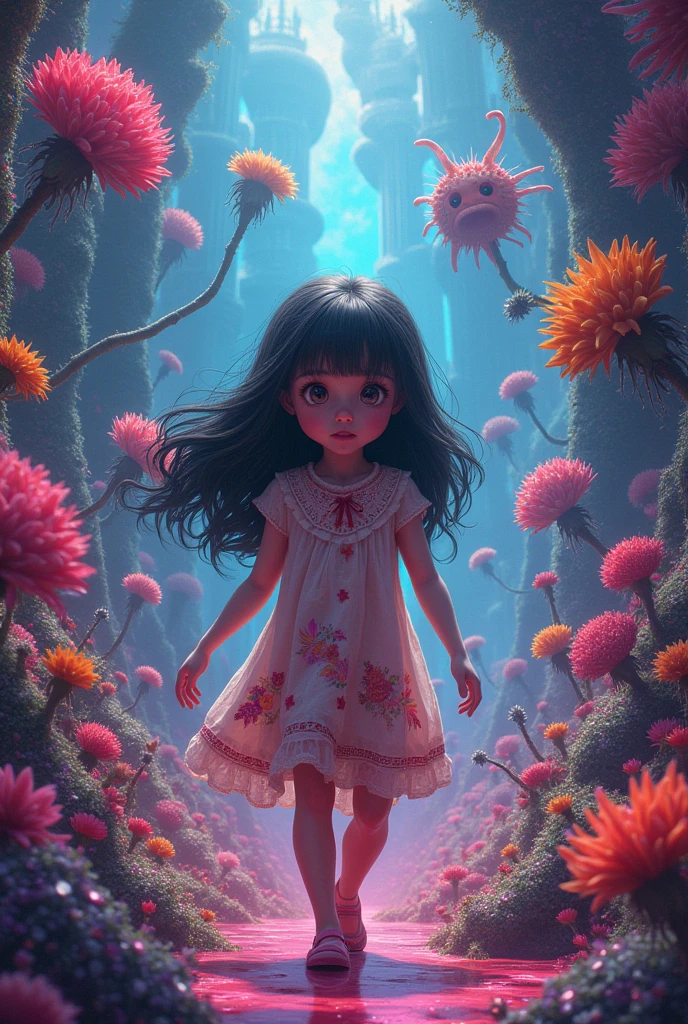 prompt:
「A girl lost in a fantasy world、Encounter strange creatures。Around her、A place filled with fantastical plants and unique buildings、It&#39;s like being surrounded by a psychedelic atmosphere that&#39;s like another world.。The girl&#39;s expression is strange、At the same time, I am curious.。」

Tags used:
#fantasy #character #surreal #abstract #vaporwave