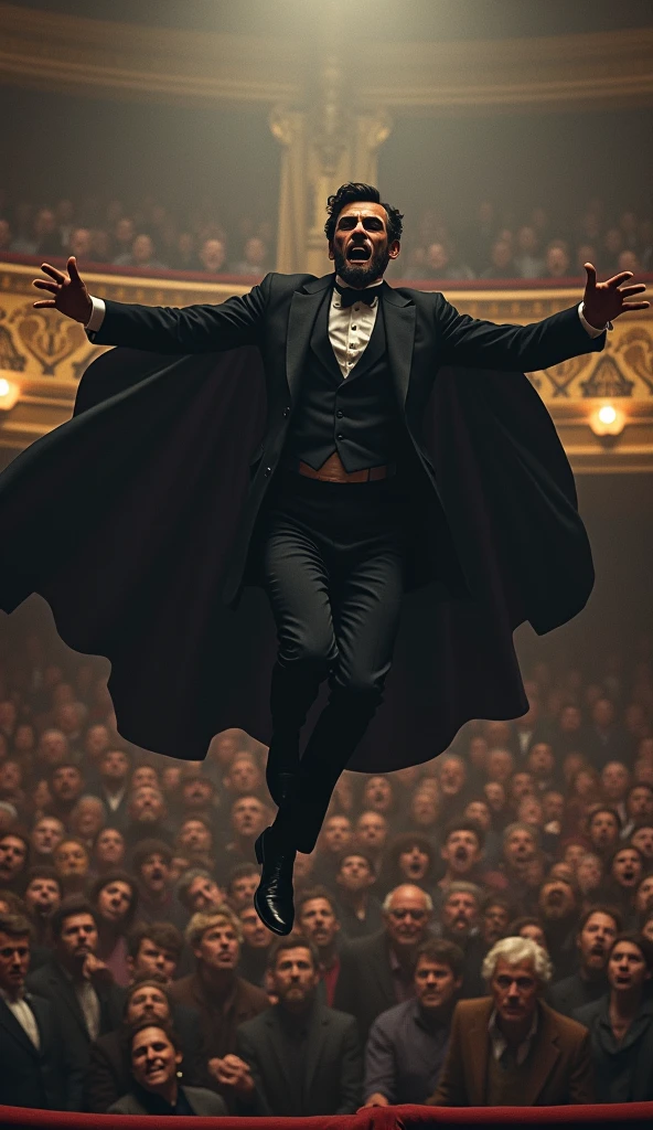 John Wilkes Booth mid-air as he leaps from the president’s box onto the stage. His cape flutters as he shouts "Sic semper tyrannis," with the shocked audience in the background.