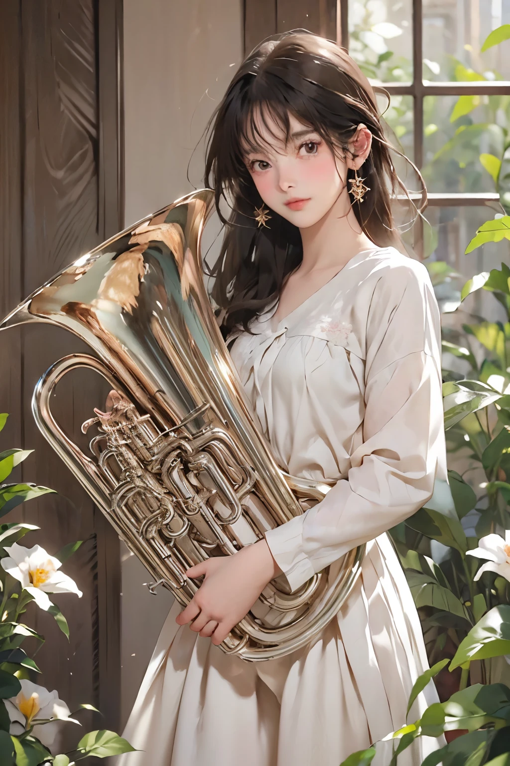 so beautiful, 1 person, (play the euphonium:1.2), alone, (Draw the Euphonium Shape Accurately:1.4)、Standing、(From before)、(A smile that makes everyone around you happy)、Beautiful and fair、Beautiful Skin、Glowing Skin, bright, Refreshing and gentle look, Perfect beautiful face、Beautiful shiny bangs, Small breasts，((Sargent-style watercolor))、(Highest quality、masterpiece)、Soft Light、Indoor Botanical Garden、dome、(Lots of flowers)、Garden with fluttering petals、