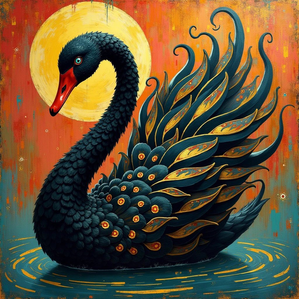 A visually stunning and conceptually intricate digital masterpiece that seamlessly blends Art Nouveau, Egyptian Art Deco, Mondrian, and Van Gogh's Starry Night styles. The captivating centerpiece is a mesmerizing black swan, adorned with gold and vibrant patterns of red and yellow, accented by large, hypnotic blue-green eyes. The swan's tail is intricately designed, featuring elongated feathers that morph into curvilinear tendrils reminiscent of fashion, poster design, and architectural elements.
The conceptual illustration is brought to life through a cinematic portrait photography-style with a striking 3D rendering that draws viewers into its mesmerizing world. The artistic composition is further enhanced by a diverse and rich color palette, which includes coral, gold, blue, and yellow hues,, photo, cinematic, fashion, illustration, poster, vibrant, architecture, portrait photography, 3d render, anime, painting, conceptual art