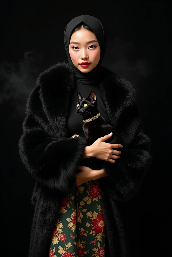 beautiful japanese woman wearing black hijab and tanned skin, wearing black designer glitter fur coat, and loose satin turtle neck floral dress (Dark green, red, gold), thick eyebrows, photorealistic, masterpiece, moncle, open coat, pouting lips, pouting, blank black background with smoke and good lighting, holding black sphinx cat with gold collar