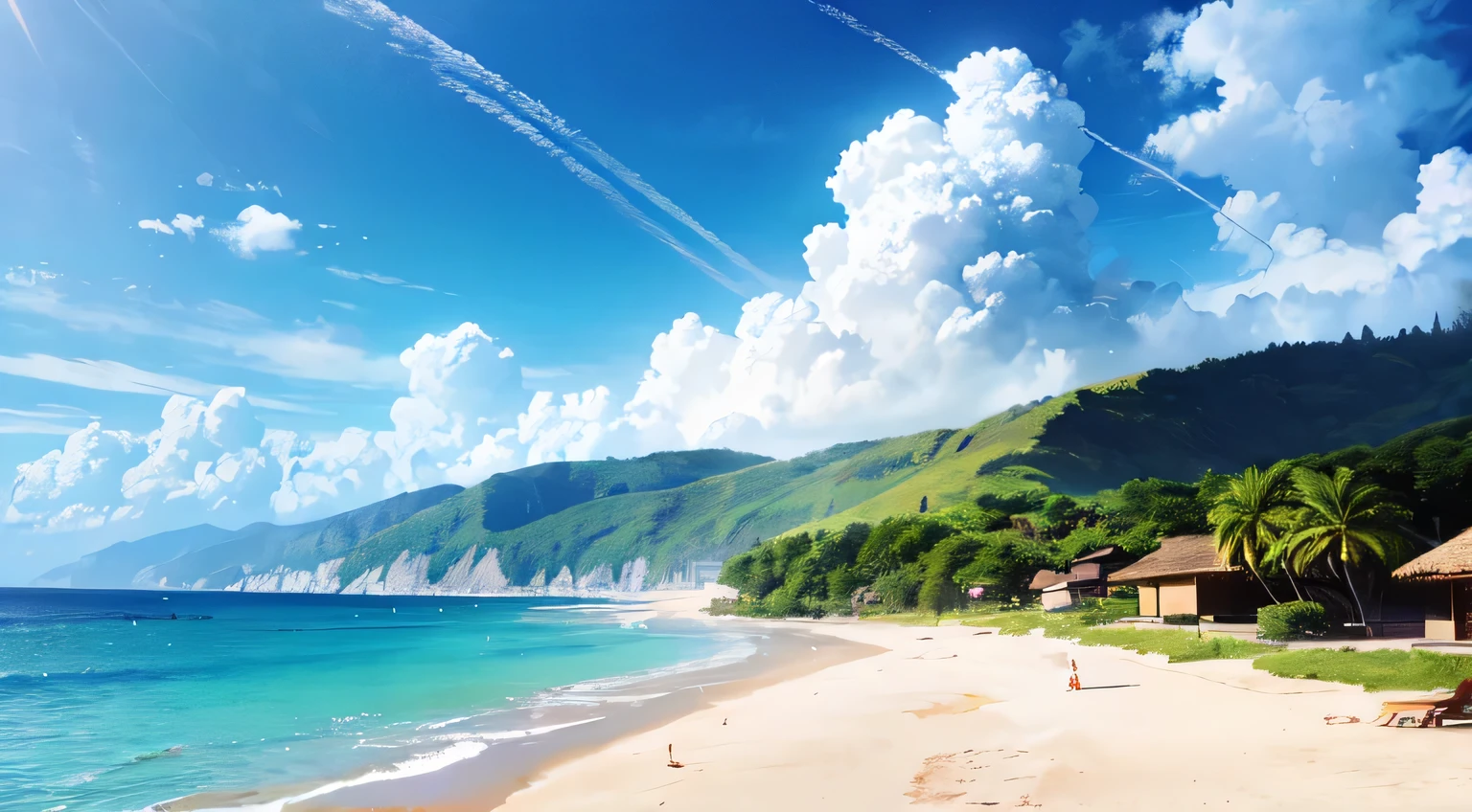 (8ก,RAW photos,Highest quality, Masterpiece,HDR,Bloom:1.2),girl,desktop wallpaper,outdoor,movie light,morning,cloud,sea,beach,summer,sky,sun,Coconut tree