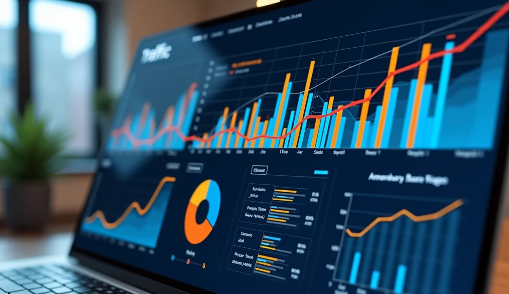 Create highly detailed and realistic images of modern data analysis dashboards, with a focus on traffic analysis. The dashboard should display a mix of bar charts, pie chart, and line graph, all in a sleek and professional design. The graph should display various metrics such as user visits., page view, bounce rate, and conversion ratio, with each graph color coded for clarity. The word 'TRAFFIC' should be displayed prominently at the top of the dashboard in bold, clean typography.. The overall design should convey an impression of high-tech efficiency., with sharp contrast and a slightly blurred background to emphasize the data on the screen.. The setting should be a modern office with natural lighting reflecting off the screen., gives a dynamic and realistic impression to the image