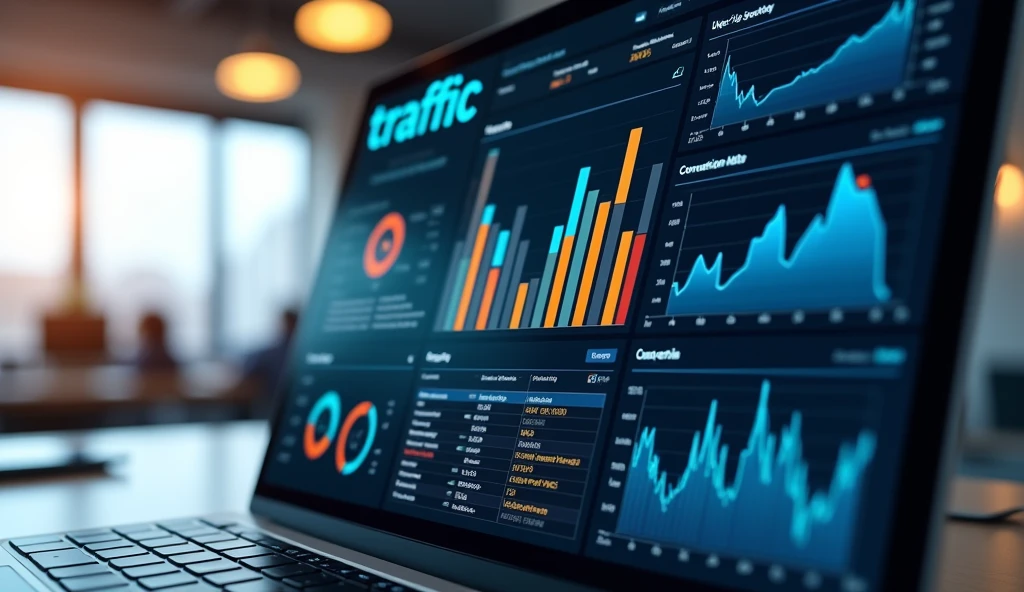 Create highly detailed and realistic images of modern data analysis dashboards, with a focus on traffic analysis. The dashboard should display a mix of bar charts, pie chart, and line graph, all in a sleek and professional design. The graph should display various metrics such as user visits., page view, bounce rate, and conversion ratio, with each graph color coded for clarity. The word 'TRAFFIC' should be displayed prominently at the top of the dashboard in bold, clean typography.. The overall design should convey an impression of high-tech efficiency., with sharp contrast and a slightly blurred background to emphasize the data on the screen.. The setting should be a modern office with natural lighting reflecting off the screen., gives a dynamic and realistic impression to the image