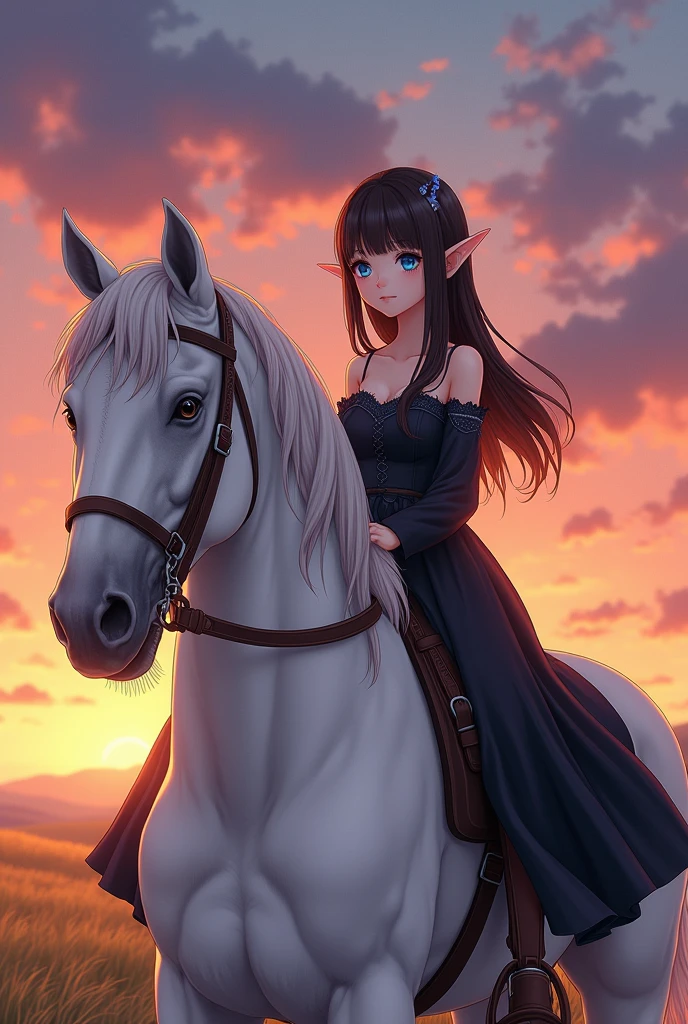 Brunette girl with blue eyes, elf ears, a black dress on, sitting on a huge white horse, a sunset in the background, anime style