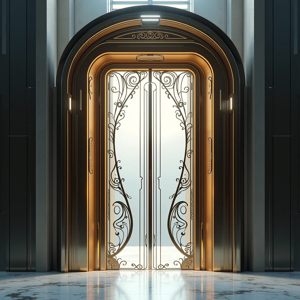 Create an image of a main entrance door designed with a blend of futuristic fantasy, Art Nouveau, modern geometry, and Le Corbusier's architectural style. The door should feature clean, geometric lines and functional design inspired by Le Corbusier, combined with fluid, organic forms and intricate details from Art Nouveau. Incorporate modern geometric patterns to add a contemporary, dynamic element to the design. Use materials like reinforced glass, polished metal, and high-tech composites to create a door that feels both sturdy and advanced. The design should merge fantasy-inspired elements with the elegance of Art Nouveau and the precision












