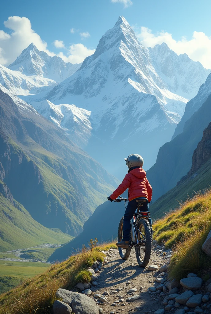 A boy with bike on Himalayas
